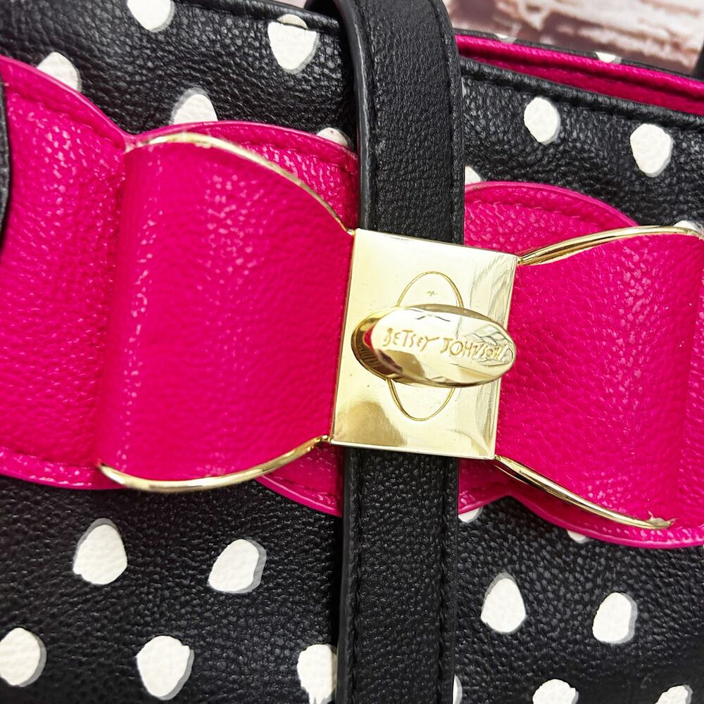 BETSEY JOHNSON Black White Polka Dot Tote Bag Pink Scalloped Trim Bow Large - Picture 4 of 12